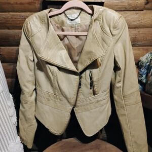 One Community Women Tan Vegan Faux Leather Jacket  Zip Up